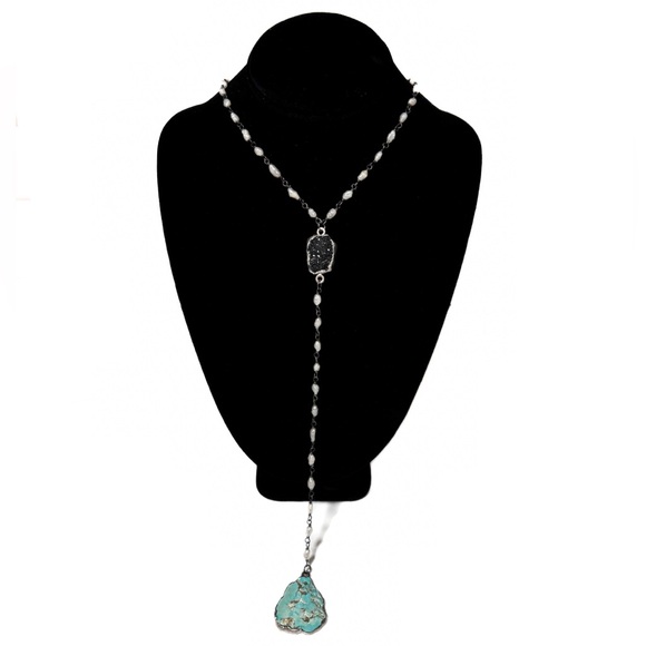 FNUE J Jewelry - NEW - Stunning Freshwater Pearl, Turquoise & Druzy Lariat Necklace Handmade